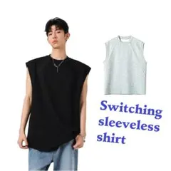 タンクトップ ノースリーブ メンズ L Tシャツ 袖なし 綿 無地 切り替え 黒