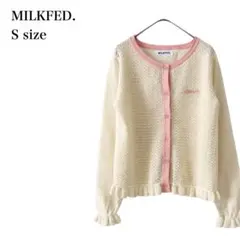 ミルクフェド/カーディガン/レース編み/配色/フリル/S/ショート丈/羽織り