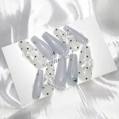 【現品】#25 ネイルチップ 韓国 ワンホン リボン ドット ガーリー 春