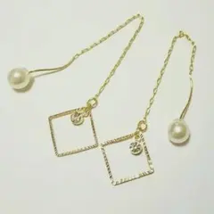 ハンドメイド《49》*パールキャッチ付きスクエアアメリカンピアス