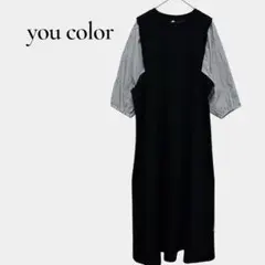 【YouColor】ドッキングワンピース 重ね着風 ストライプ袖 5分袖ゆったり