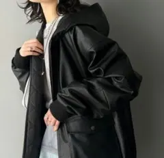 【極美品】Javaジャバ合皮フード付きレザージャケット/ビッグシルエットブラック