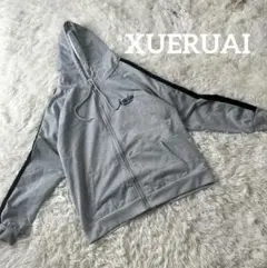 XUERUAI＊グレーメンズジップフードパーカー ライン 薄手 秋 上着羽織