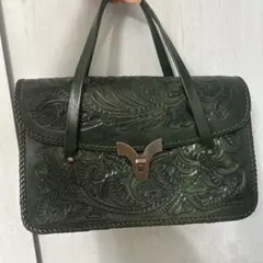 カービングレザー ハンドバッグ グリーン 型押し