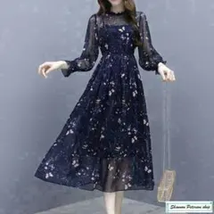 新長袖　ロング　春服　韓国　花柄 レディース　ワンピースセットアップ　ネイビ7