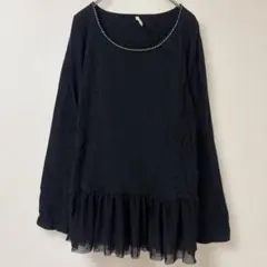 ELLE 長袖 チュニック ブラック ビジュー付き　裾口シアー　トップス　Mのサムネイル