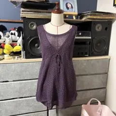 レース編みパープルノースリーブワンピース