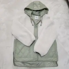 ZARA フリースボアジャケット アイボリー・グリーン S