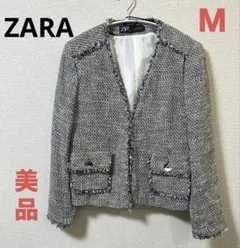 美品◆ZARA ノーカラージャケット ツイード ブラック M 入学 卒業