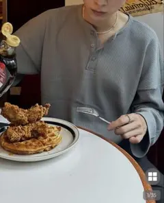 (送料無料)180CMM ワッフルヘンリーネックTシャツ　ブラック