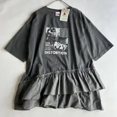 【新品】ニコアンド 布帛フリルコンビロックプリント Tシャツ グレー L