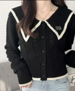 mily bilet襟刺繍柄編みビッグ襟ニット　ポロシャツ 長袖