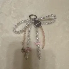 リボン型パールホワイトキーホルダー