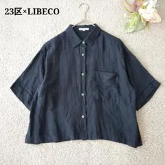 23区×LIBECO リネン100% クロップド丈 半袖ブラウス ネイビー Mのサムネイル