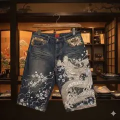 刺繍✨参丸一 サンマルイチ 福蛙 和柄 デニム ハーフパンツ - メルカリ