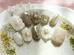 セール ネイルチップ ぷっくりフラワー ニュアンス ミラー ゴールド 結婚式