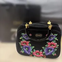 FEILER ブラック 花柄刺繍 ハンドバッグ