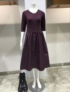 パープル 半袖 フレアドレス