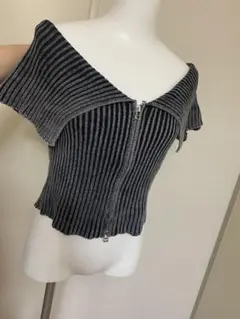 オフショルダー リブニット 半袖 グレー