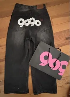 9090 ブラック ワイドレッグパンツ