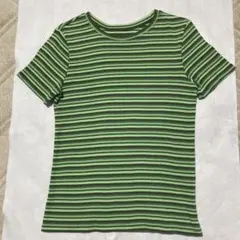 【美品】Eddie Bauerボーダー半袖Tシャツグリーン系レディースL伸縮素材のサムネイル