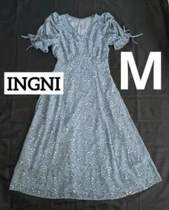 イング ＊花柄ロングワンピース ＊M プリーツ INGNI ブルー　フリルリボン
