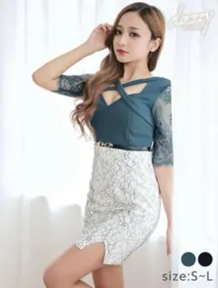 DAZZY デイジー　フロントクロスレーススリット入り五分袖タイトミニドレス