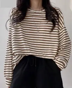 美品　ストライプ 長袖Tシャツ ＸＬサイズ ブラウン