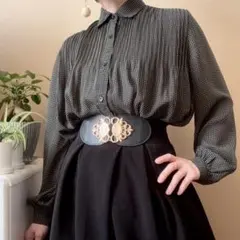 極小ドット シャーリング加工 シャツブラウス 昭和レトロ ヴィンテージ 黒 白のサムネイル