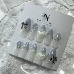 【現品価格】くすみブルー　水色　白　シルバーリボン　ハート　量産　韓国　ワンホン