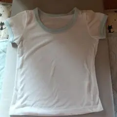 ホワイト 半袖Tシャツ 水色リブ付き