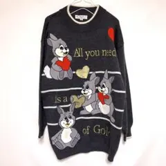 古着 ニット セーター 刺繍 うさぎ ウサギ ハート 灰色 赤 金 白