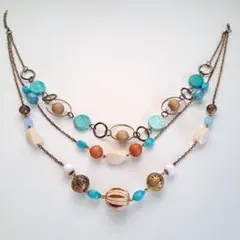 3層ビーズネックレス 青 茶色 エンジ 大ぶり ブルー ターコイズ 夏コーデ