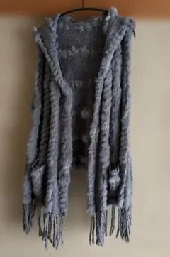 毛皮 ベスト ジレ フリンジ付 フード付 ラビットファー レトロ