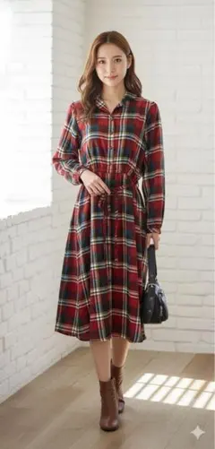 【早い者勝ち】赤チェック シャツワンピース｜体型カバー・春服