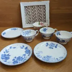 【未使用】陶器 手描き器 7点 コーヒーカップ ＆ 皿 作家器 美術品 薔薇 桜