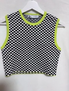 ZARA ニットベスト チェッカーフラッグ柄 ネオンイエロー S
