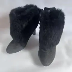 スエードショートブーツ ブーティー ブラック 黒 ヒール8cm リボン取り外し可