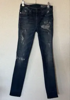 美品 DIESEL ダメージ加工 スキニーデニム ダークブルー W24