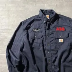 【希少XLサイズ、ワークシャツ】carhartt刺繍ロゴ古着企業ロゴABB紺