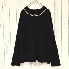 MIIA ミーア　ニット　セーター　リブ編み　モックネック　パール装飾　ブラック