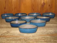 ヨ*ー様 小品盆栽鉢 青釉薬楕円　 12cmx8,5cm 10点 未使用長期保管