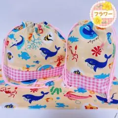 【26】さかな×ピンクチェック(お弁当袋コップ袋 ランチョンマット 25×35)