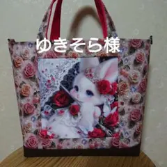 子猫ちゃん、薔薇生地のミニトートバッグ マチ広 ☆ハンドメイド品