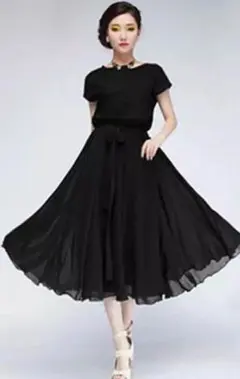 新品 シフォン 黒 ワンピース リボン付き シフォン