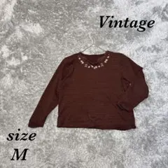 ヴィンテージ (M) カットソー 刺繍 レース 肩パッド スリット クルーネック