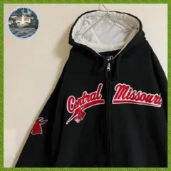 カレッジ刺繍ビッグロゴリブラインパーカーフーディースウェットトレーナー黒長袖