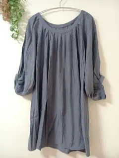ブルーグレー 五分袖 プリーツ チュニック F
