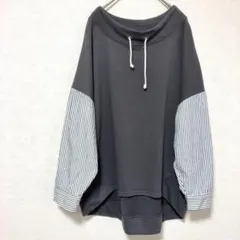 ルーズハイネックシャツ袖 プルオーバー ストライプ柄 長袖トップス