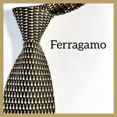 極美品　フェラガモ　ネクタイ　犬　総柄　ネイビー　イタリア　高級　ハイブランド